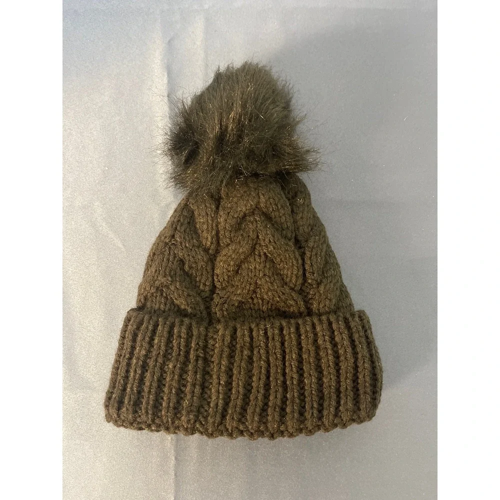 Time and‎ Tru Womens Black Cable Knit Beanie Faux Fur Pom Fleece Lined TT223104